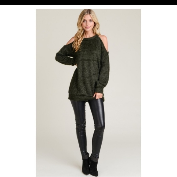 **SOLD**COLD-SHOULDER FUZZY SWEATER-DARK OLIVE - Picture 7 of 8